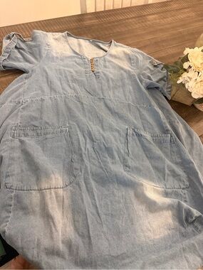 Amazon Light Blue Denim Midi Dress with Front Pockets